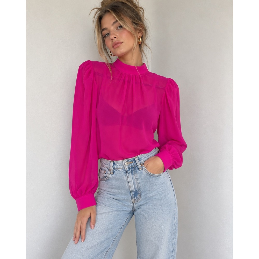 Generation Love Silk High Neck Top Blouse Women S Pink Mock Neck Long Sleeve